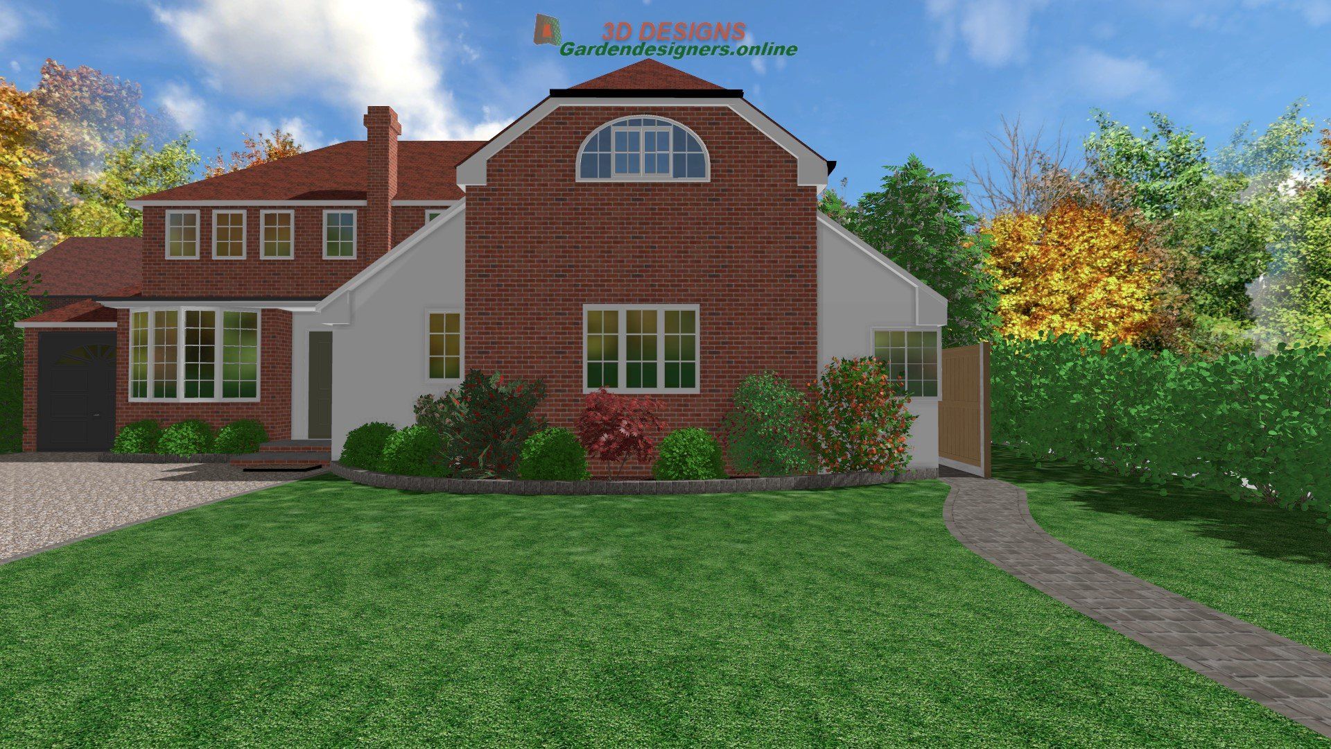 A computer generated image of a house with a large lawn in front of it.