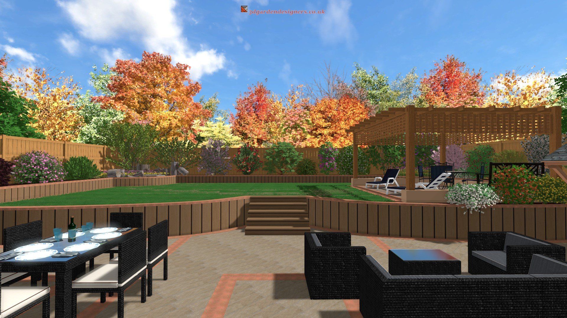 A computer generated image of a backyard with a table and chairs