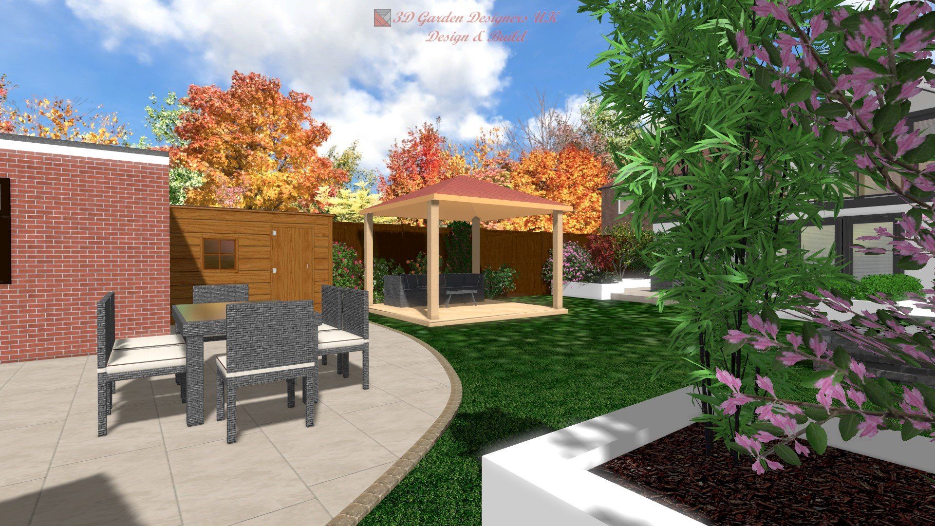 A computer generated image of a backyard with a gazebo and patio furniture.