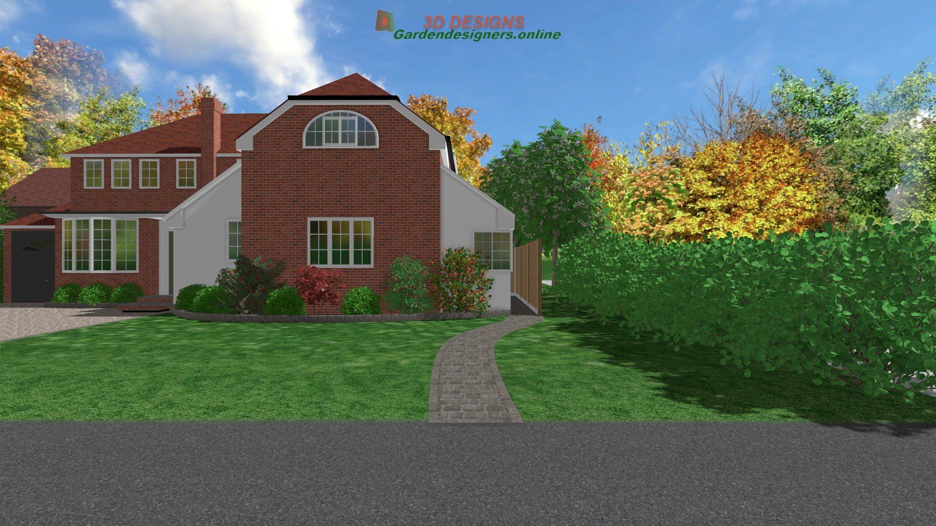 A computer generated image of a brick house with a walkway leading to it