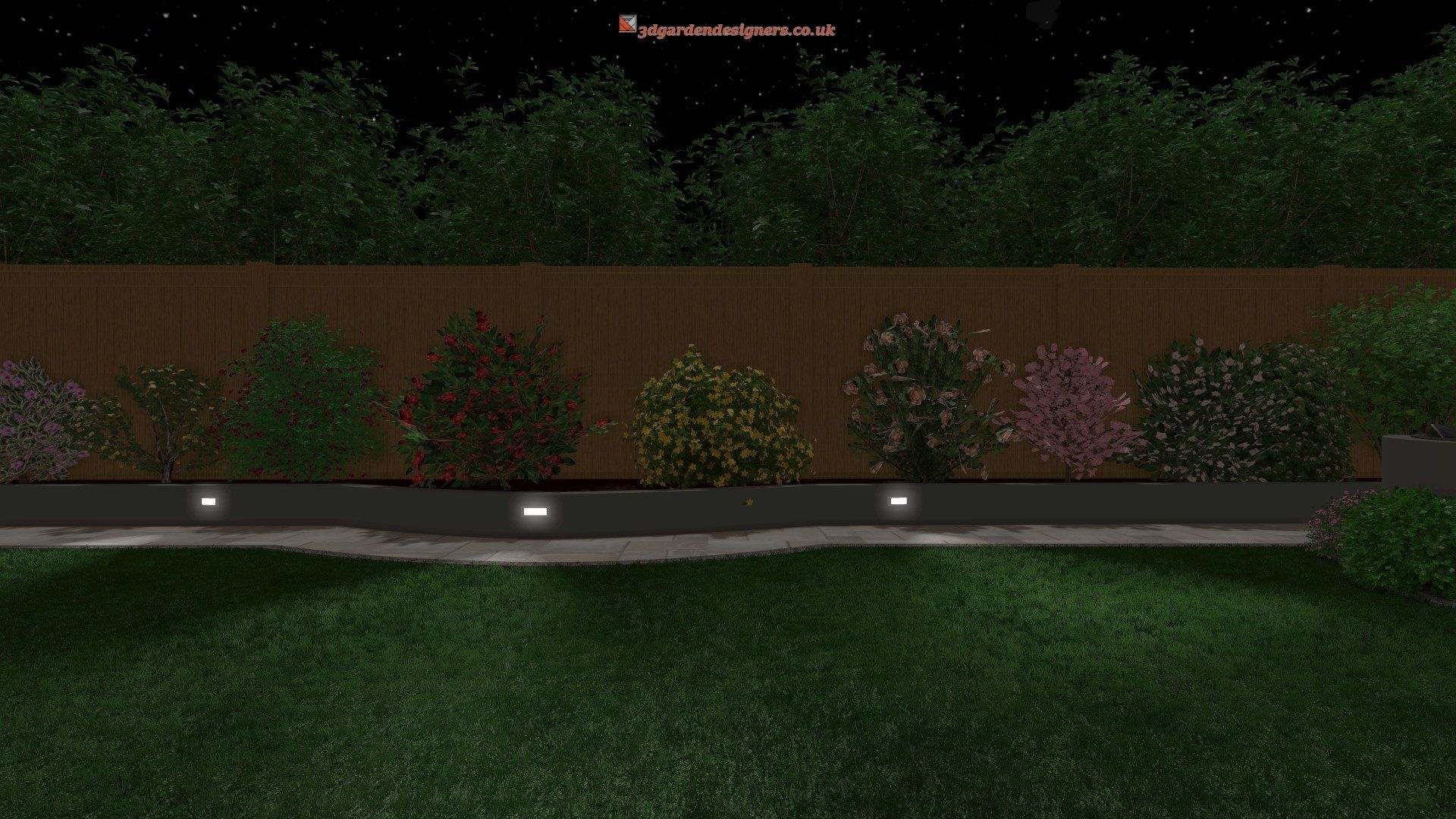 A computer generated image of a garden at night with trees and bushes.