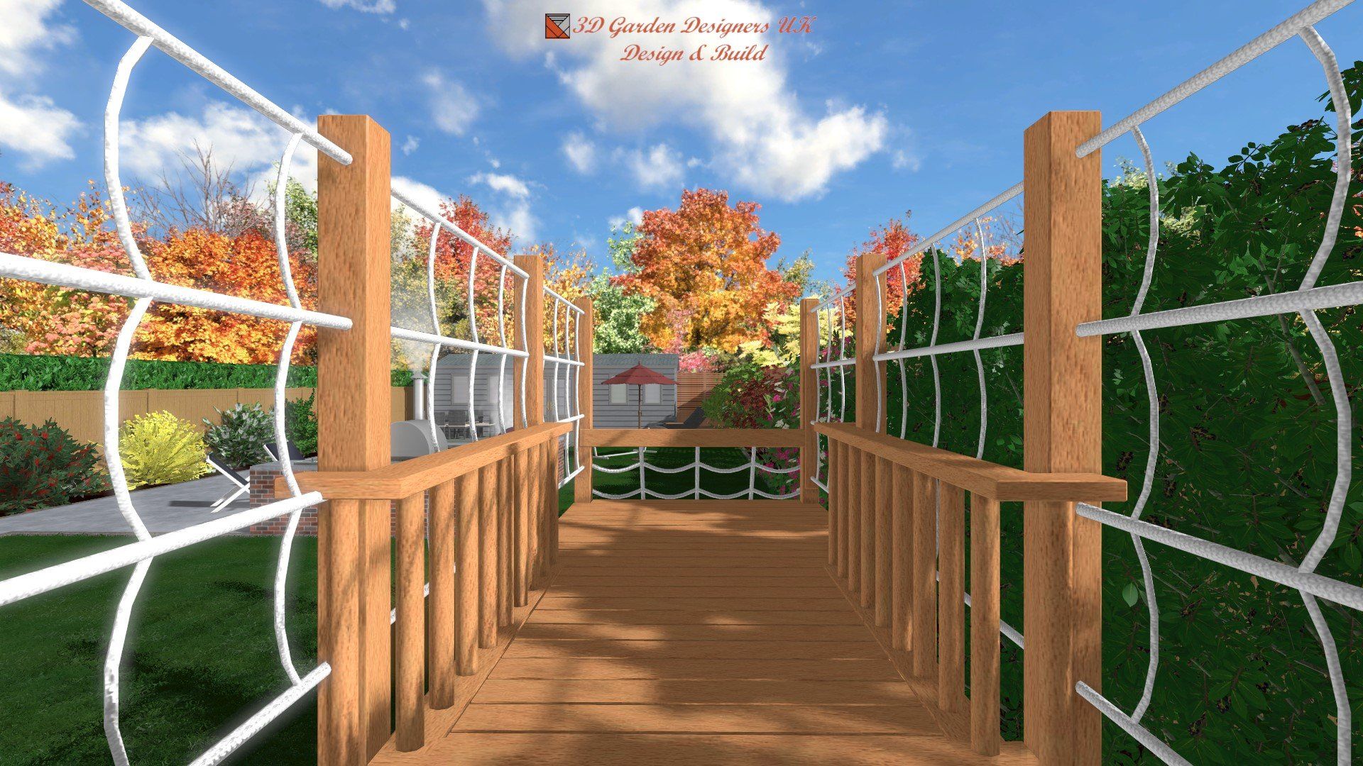 A computer generated image of a wooden bridge in a park.