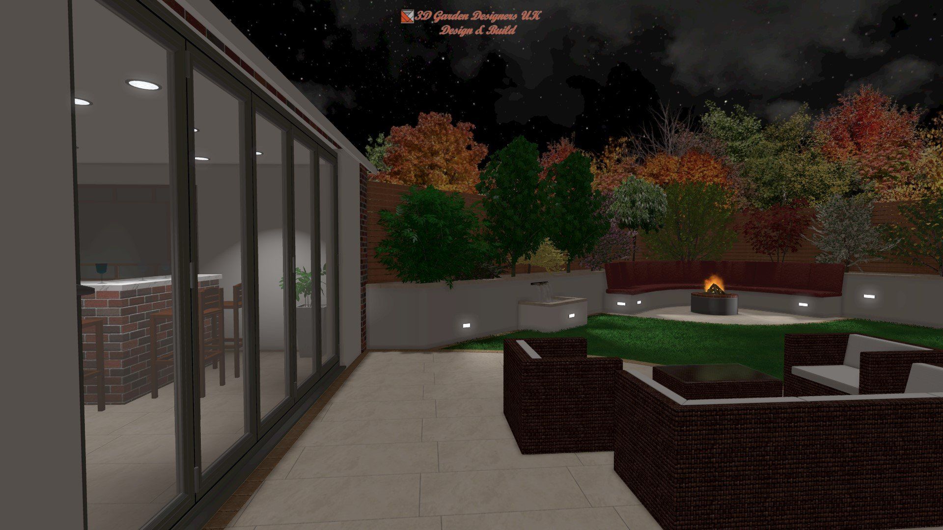 A computer generated image of a patio at night