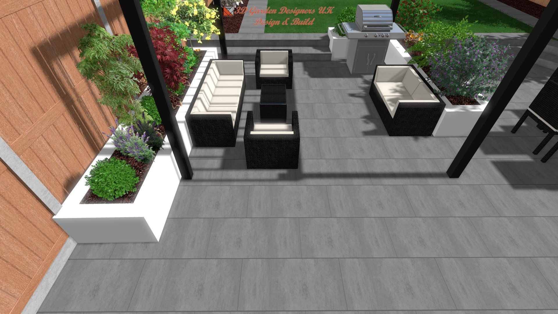 A computer generated image of a patio with furniture and a grill.