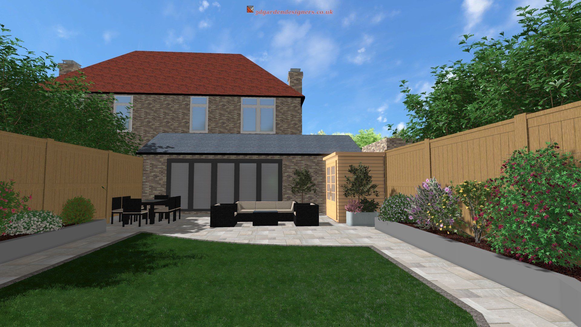 A computer generated image of a backyard with a house in the background.