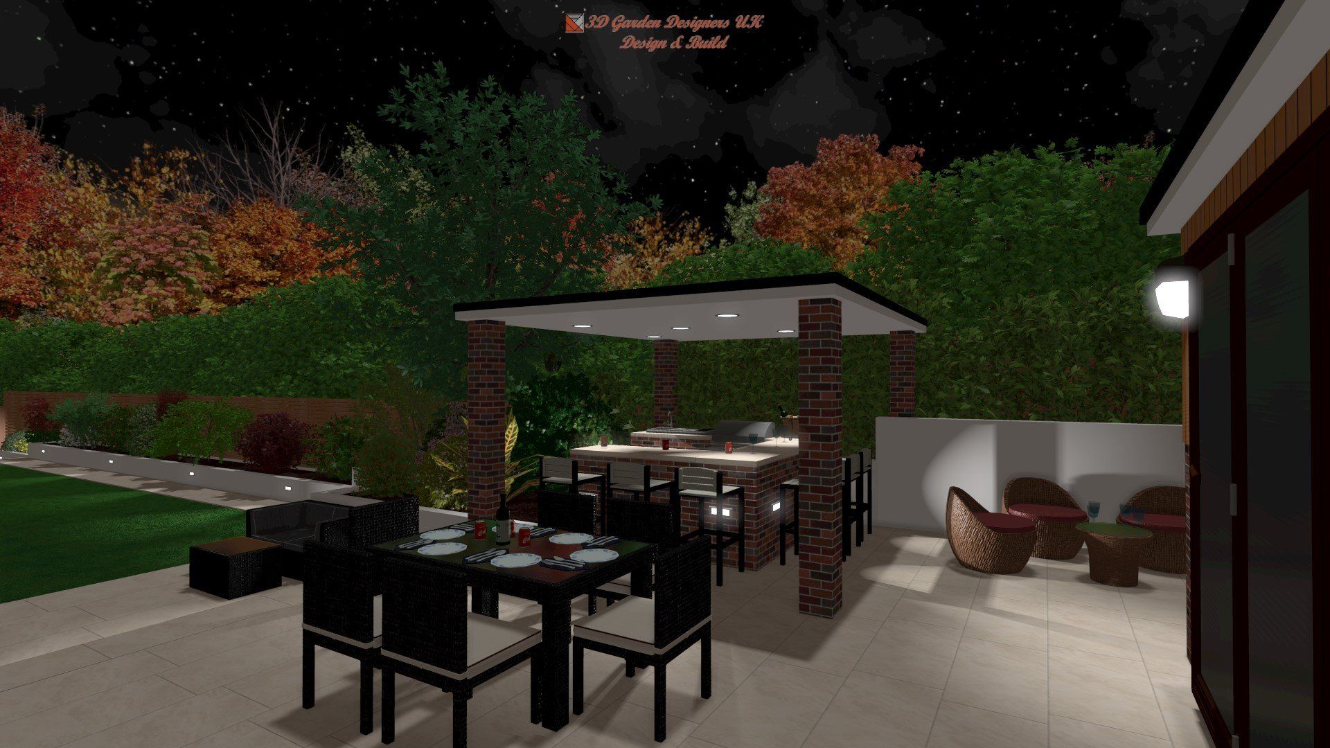 A computer generated image of a patio with a table and chairs at night