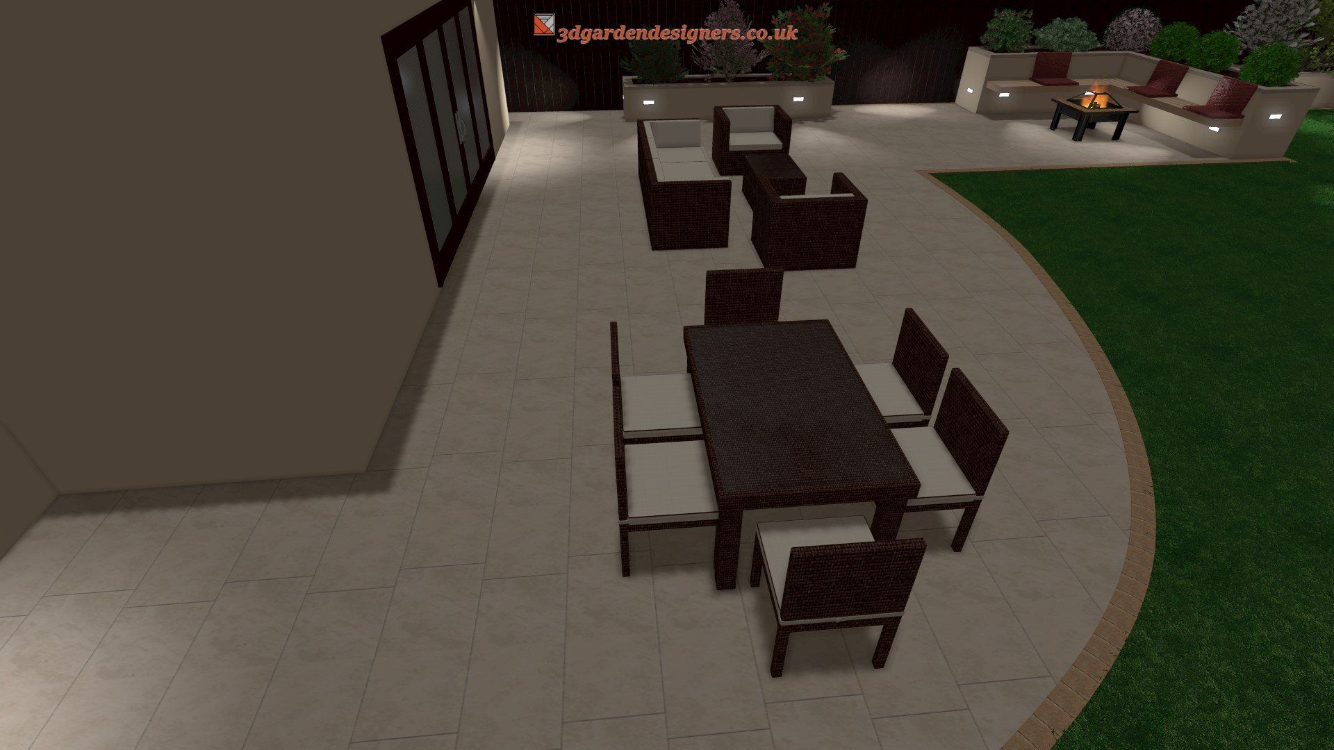 A computer generated image of a patio with a table and chairs