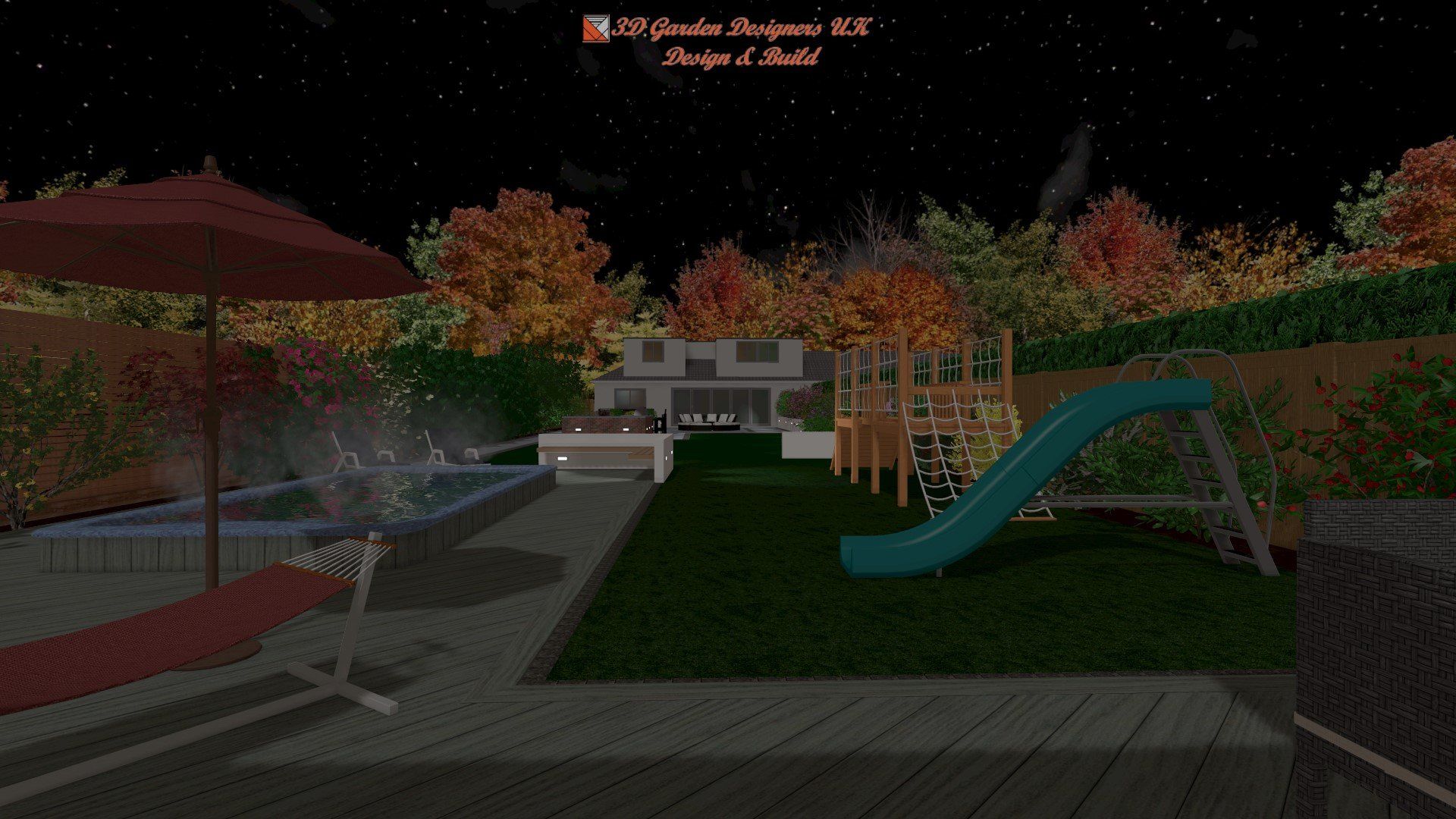 A computer generated image of a backyard with a slide and umbrella