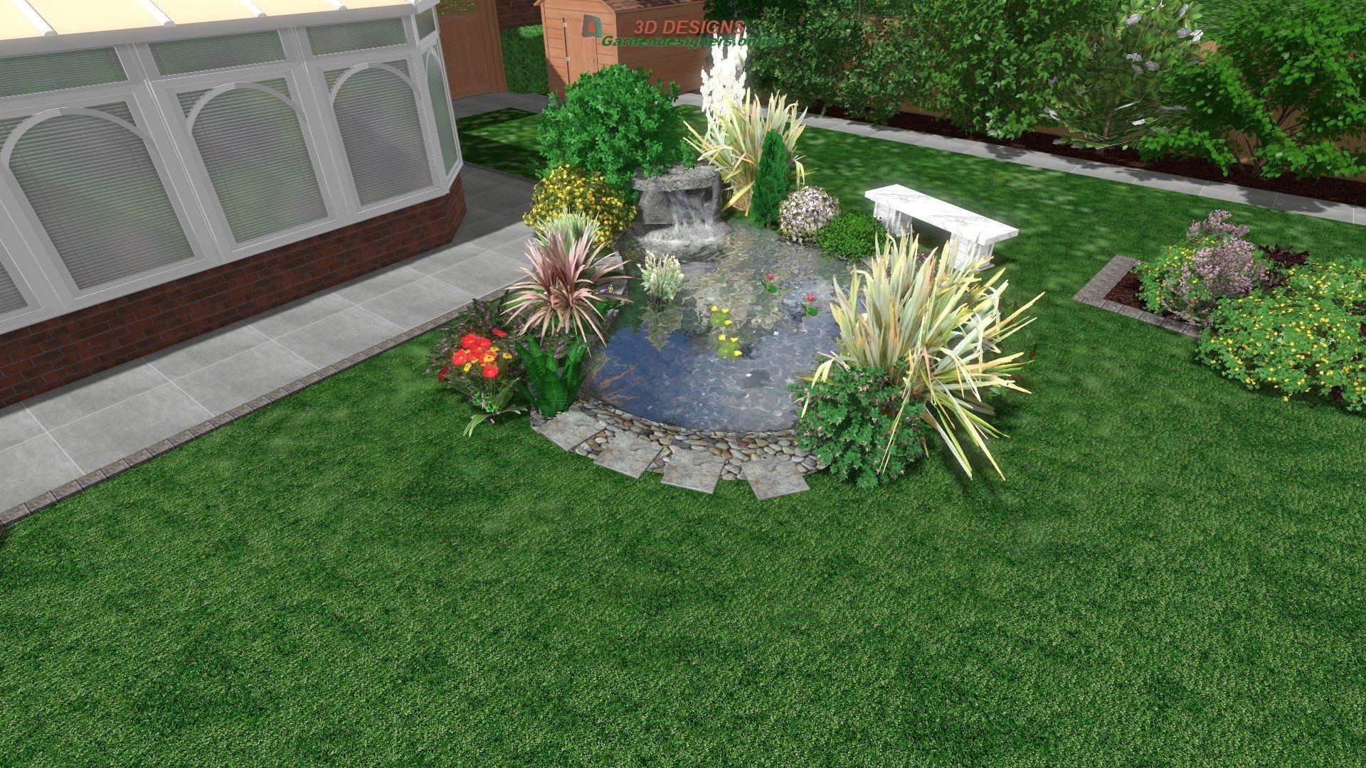 A computer generated image of a garden with a pond and a bench.