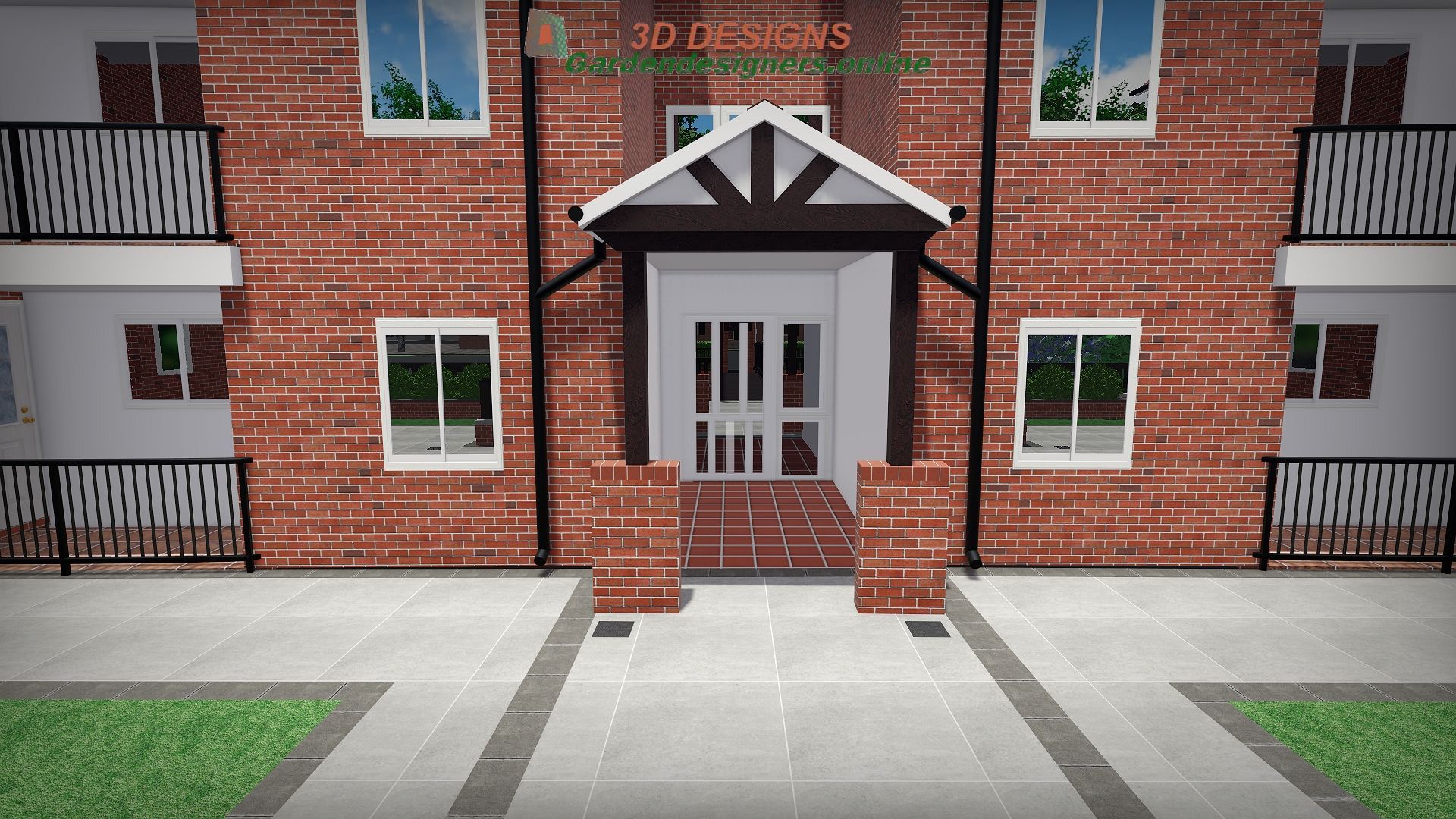 A 3d rendering of a brick apartment building