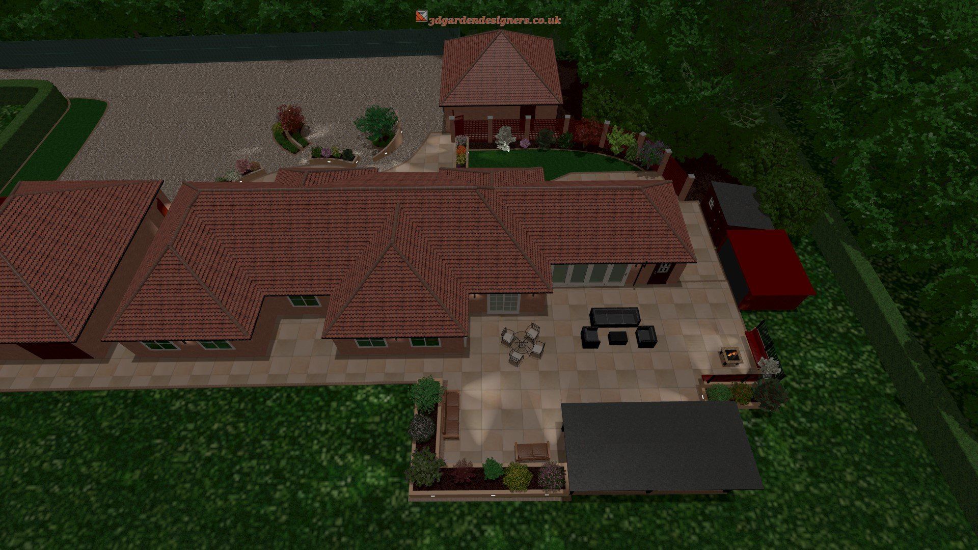 An aerial view of a large house with a red tile roof surrounded by trees.