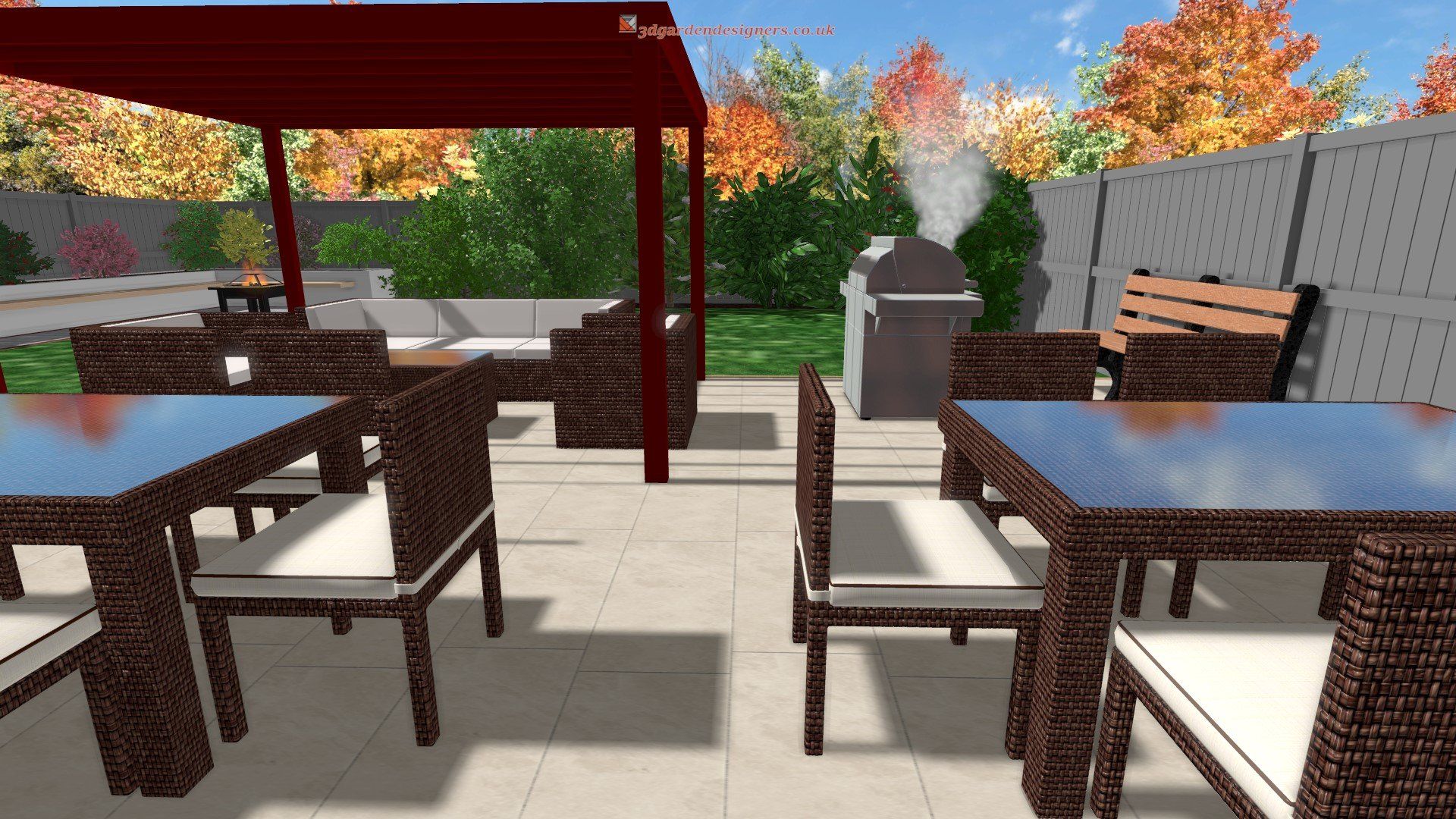 A computer generated image of a patio with tables and chairs