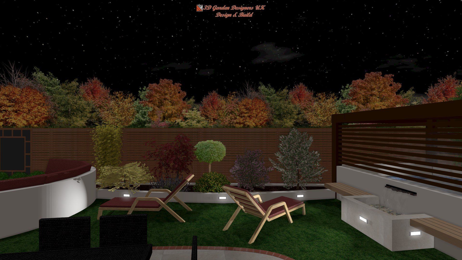 A computer generated image of a garden at night