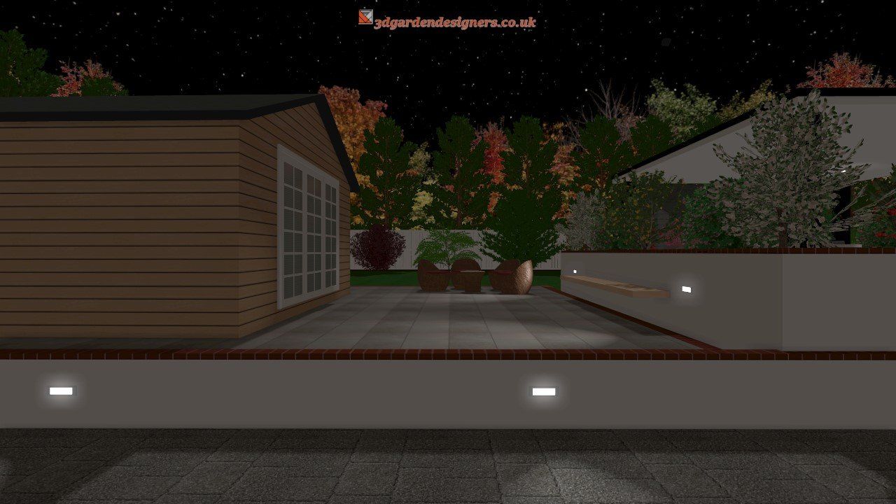A computer generated image of a garden at night.