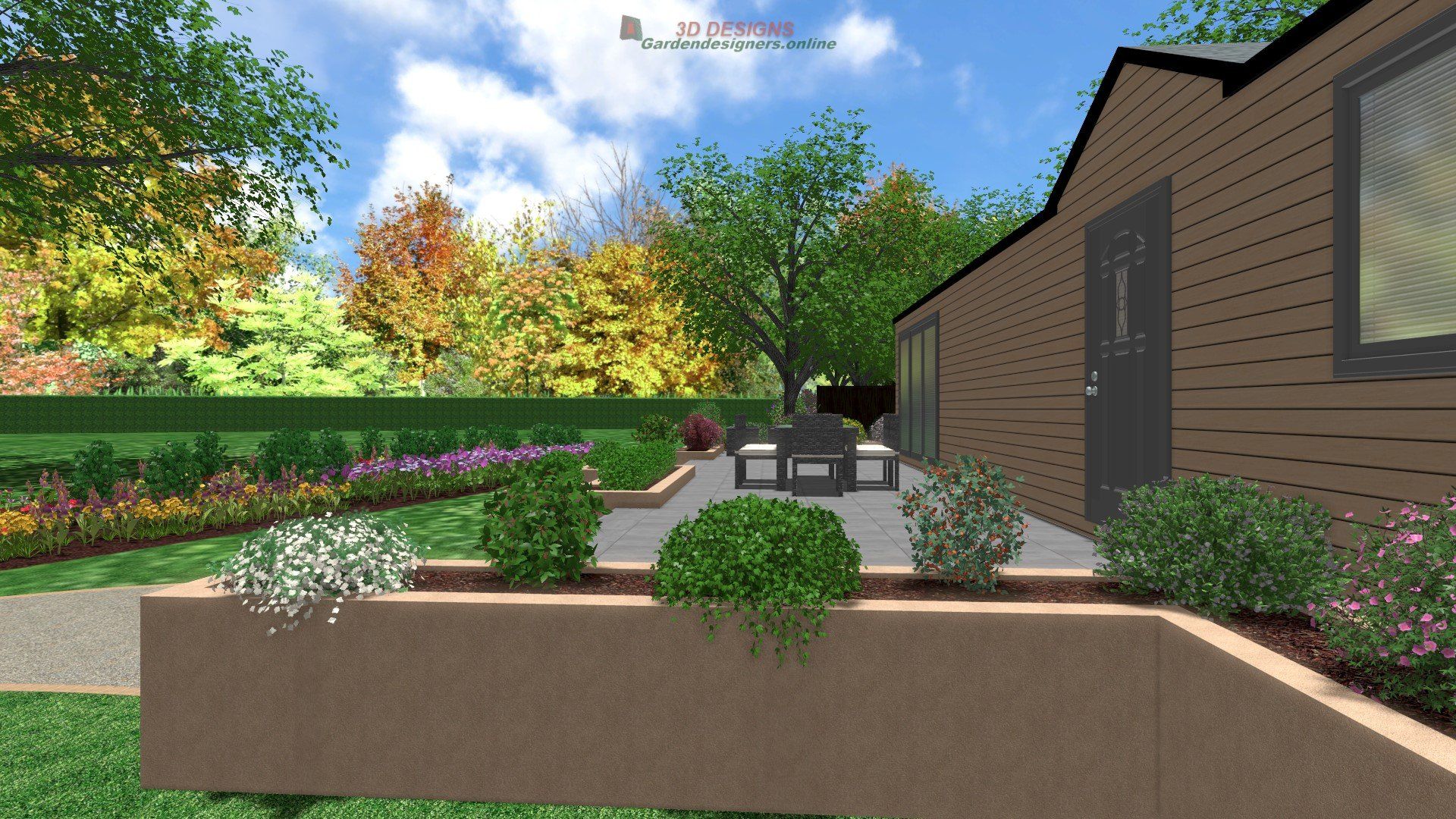 A computer generated image of a house with a patio in front of it.