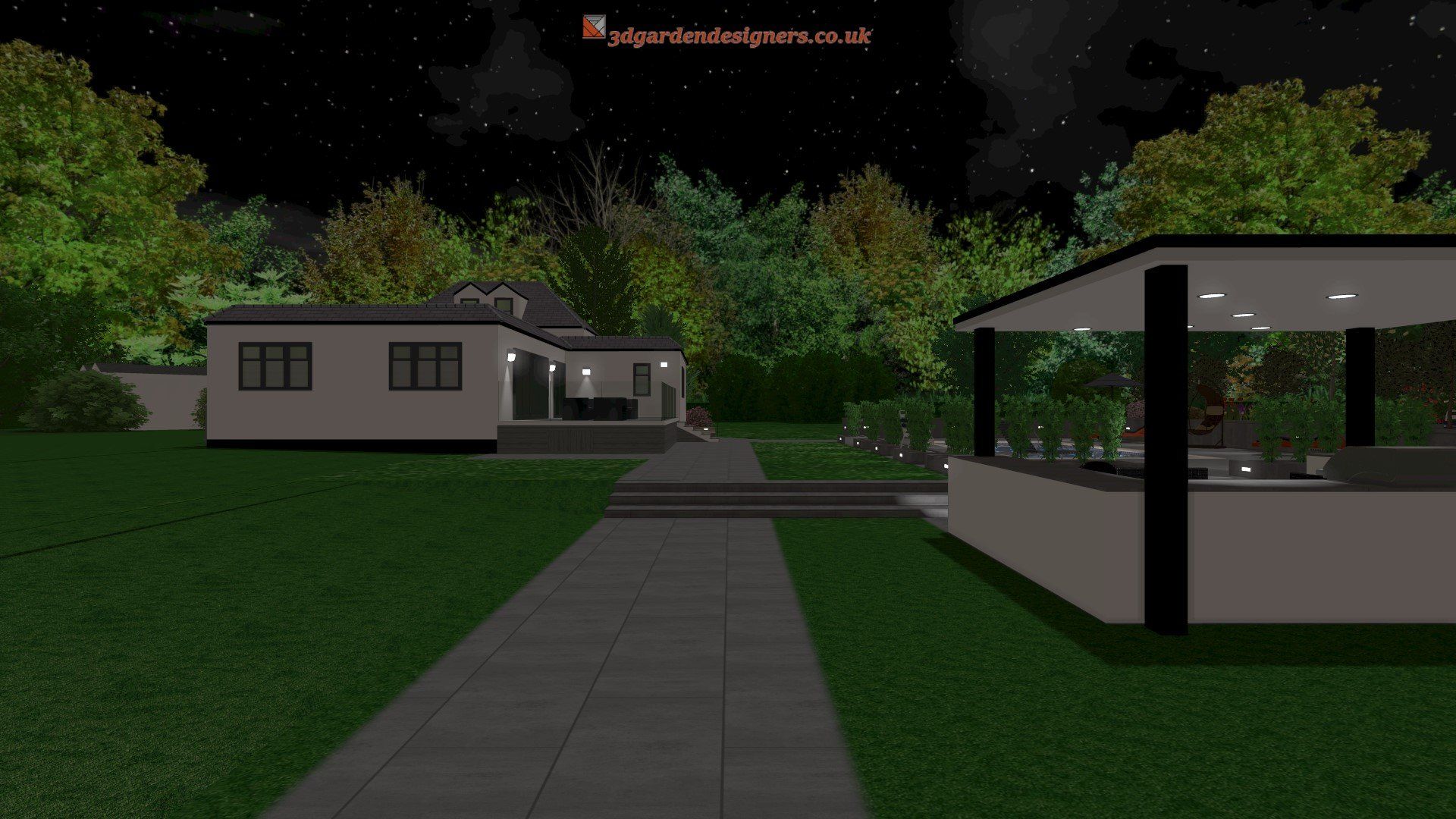 A computer generated image of a house and a gazebo at night.
