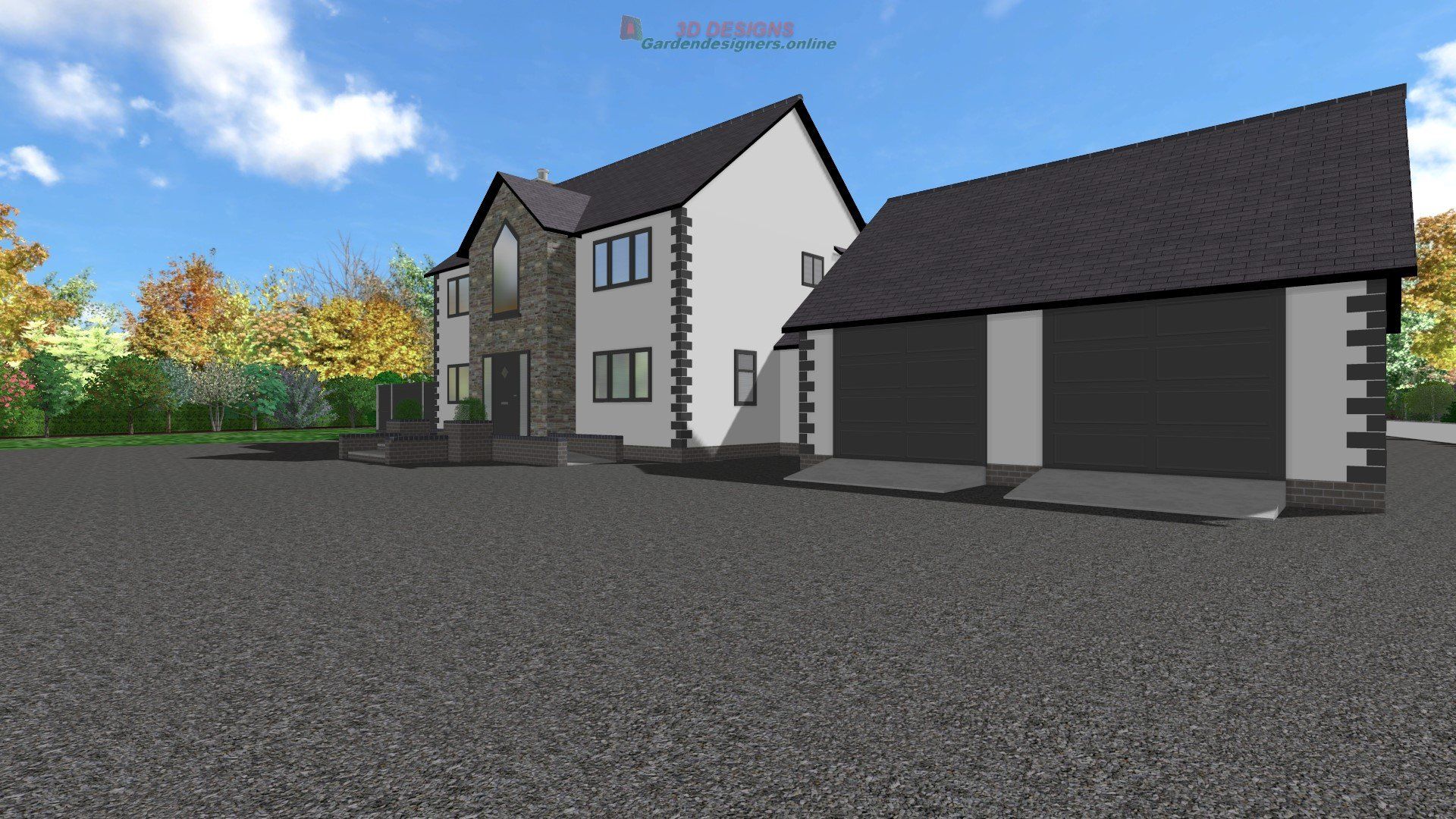 A computer generated image of a house and garage