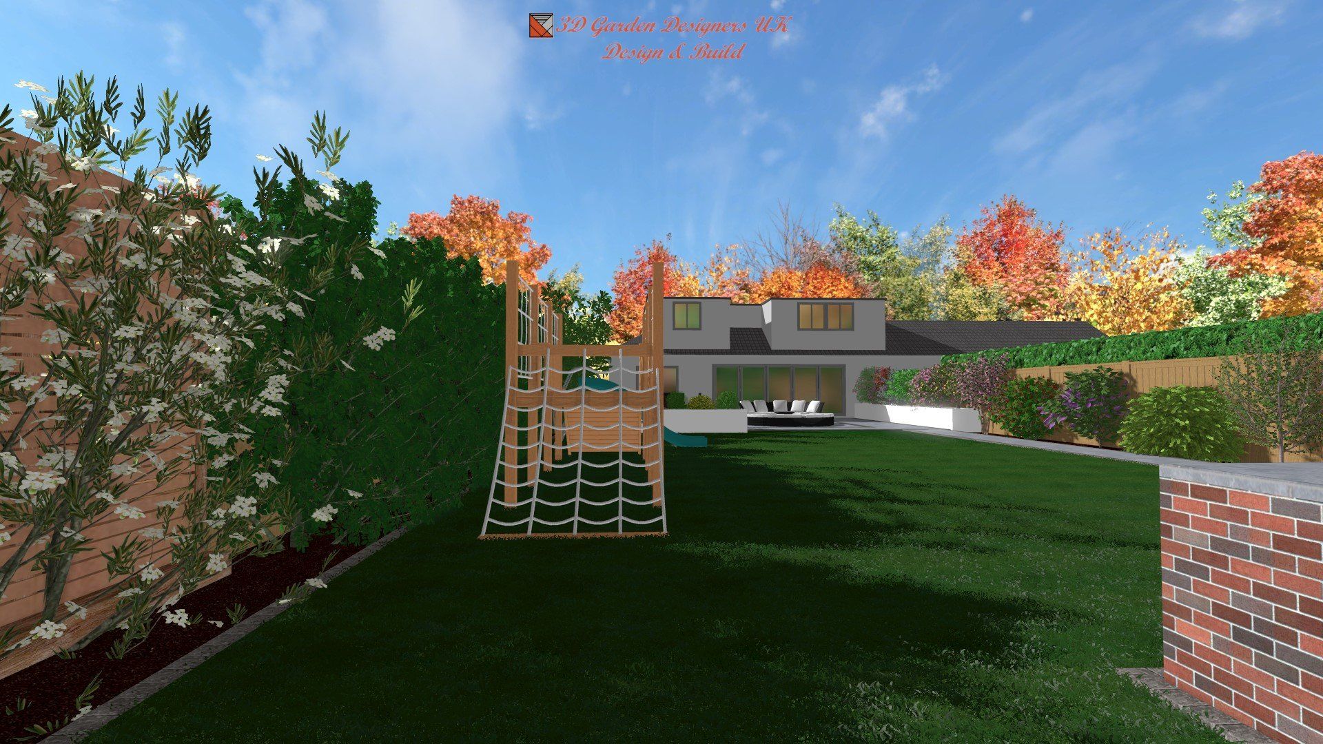 A computer generated image of a backyard with a house in the background.