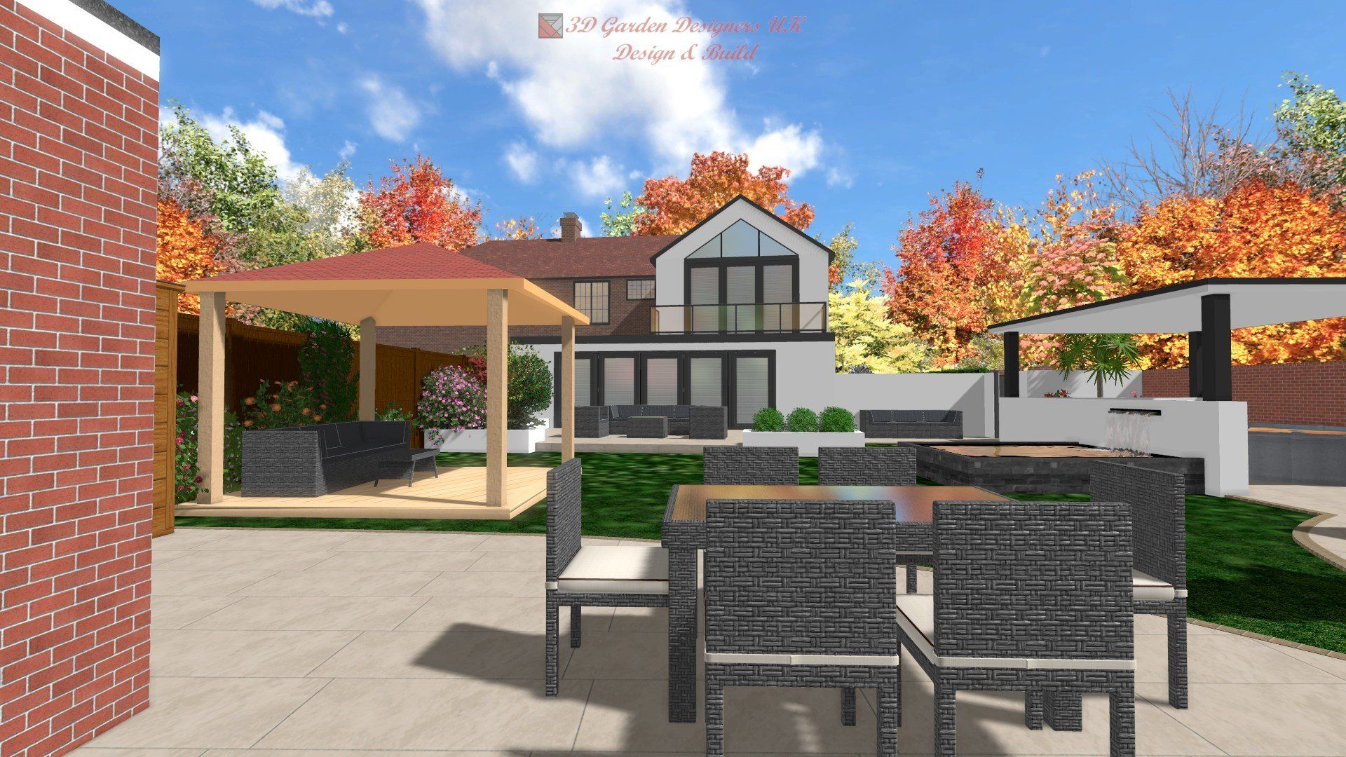 A computer generated image of a backyard with a table and chairs