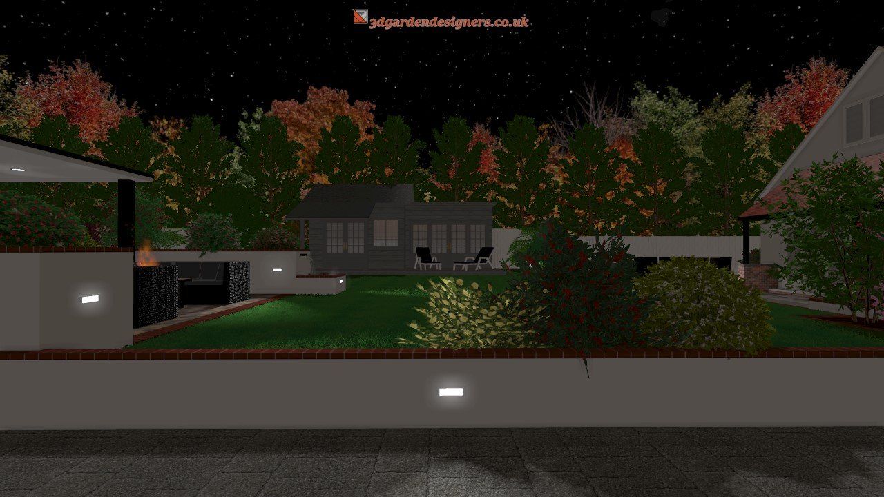 A computer generated image of a house at night with trees in the background.