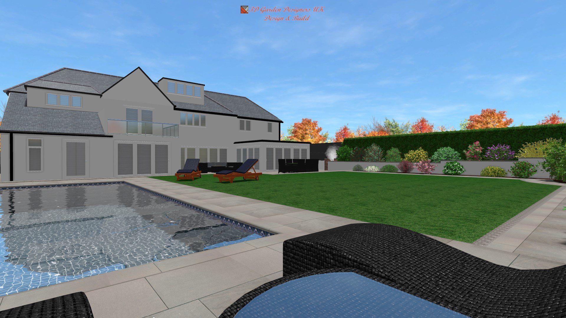 A large house with a swimming pool in front of it