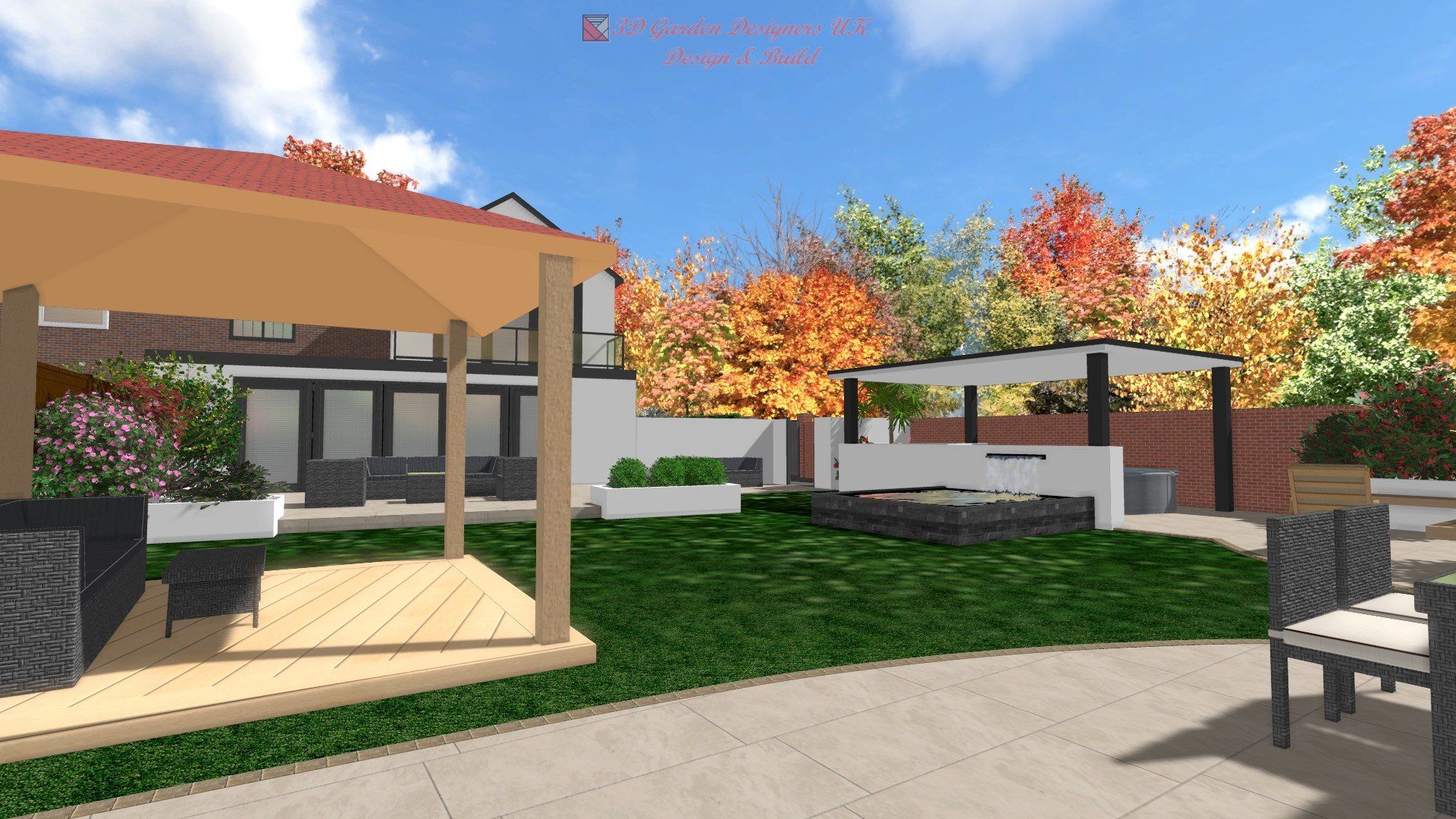 A computer generated image of a backyard with a house in the background