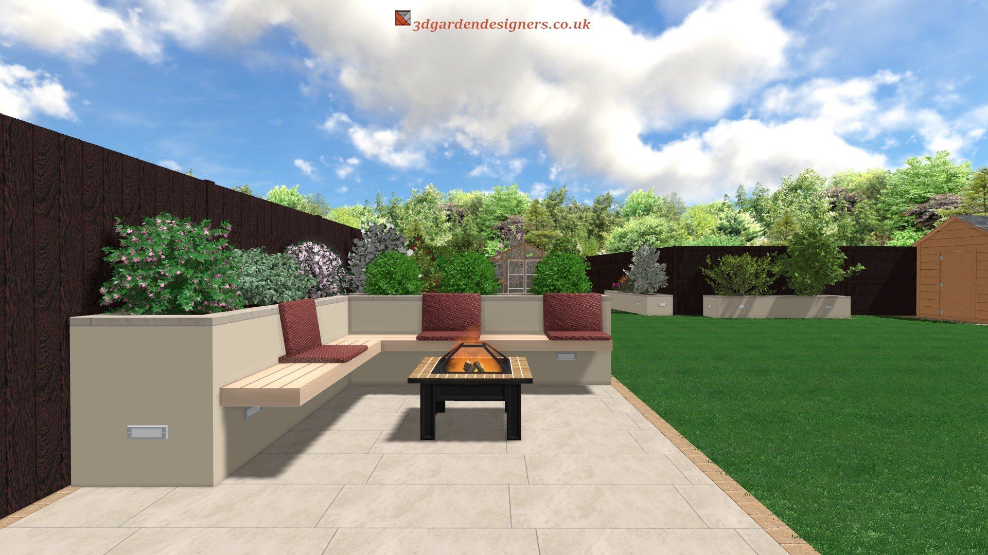A computer generated image of a backyard with a fire pit