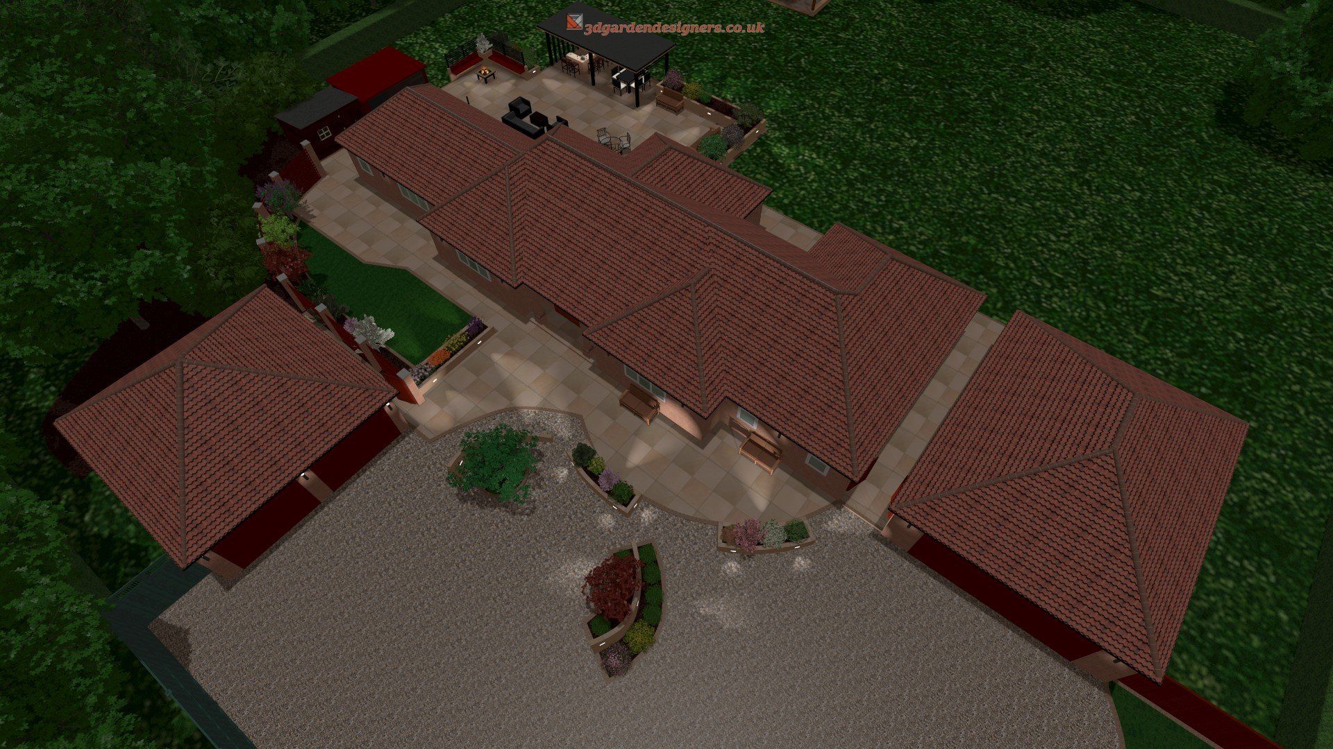 An aerial view of a house in the middle of a forest.