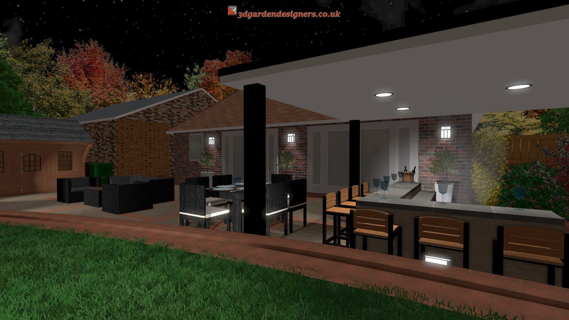 A computer generated image of a house with a patio at night.