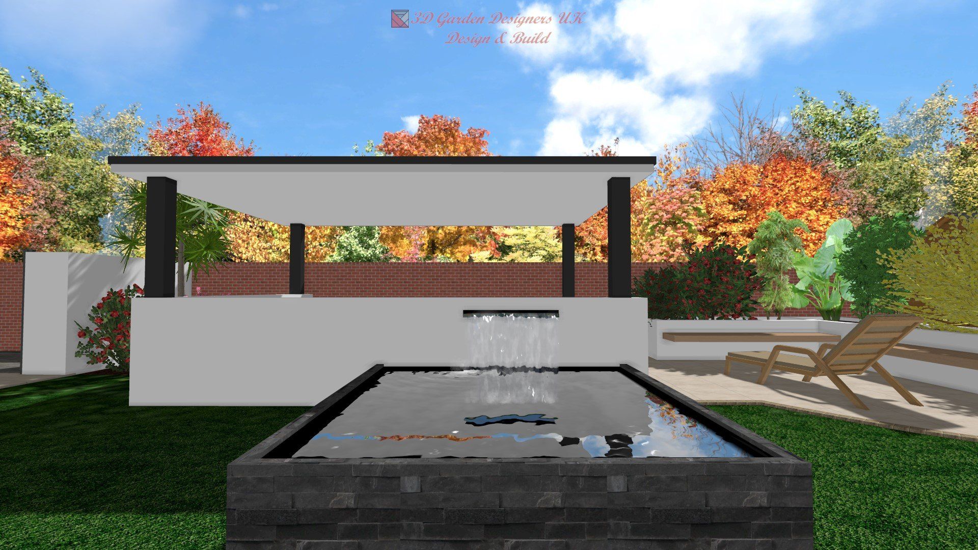 A computer generated image of a waterfall in a garden