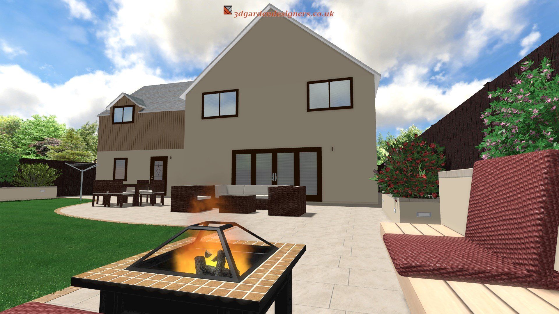 A computer generated image of a house with a fire pit in front of it.