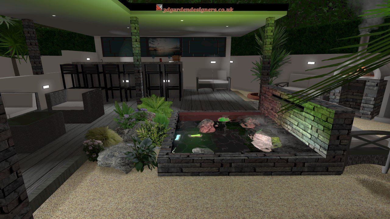 A 3d rendering of a backyard with a pond and a patio area.