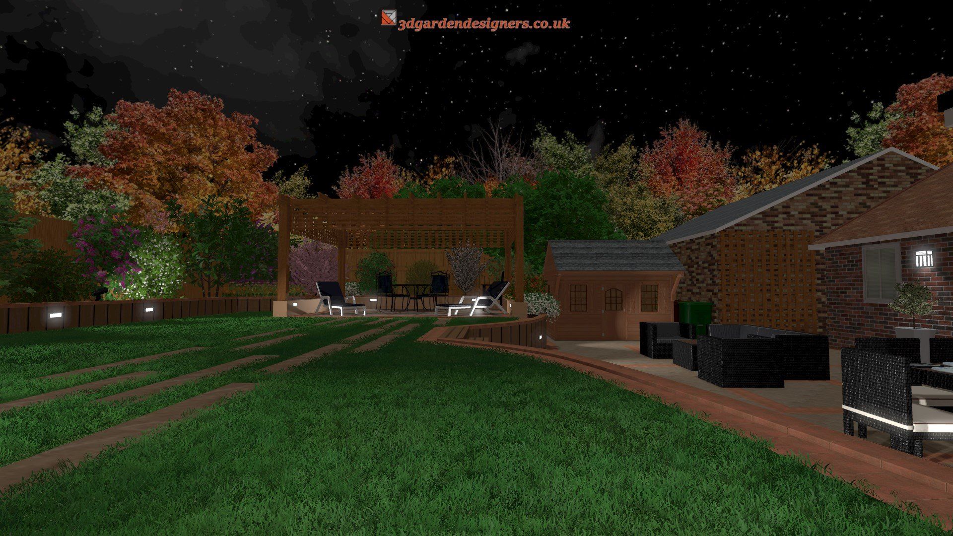 A computer generated image of a house and lawn at night.