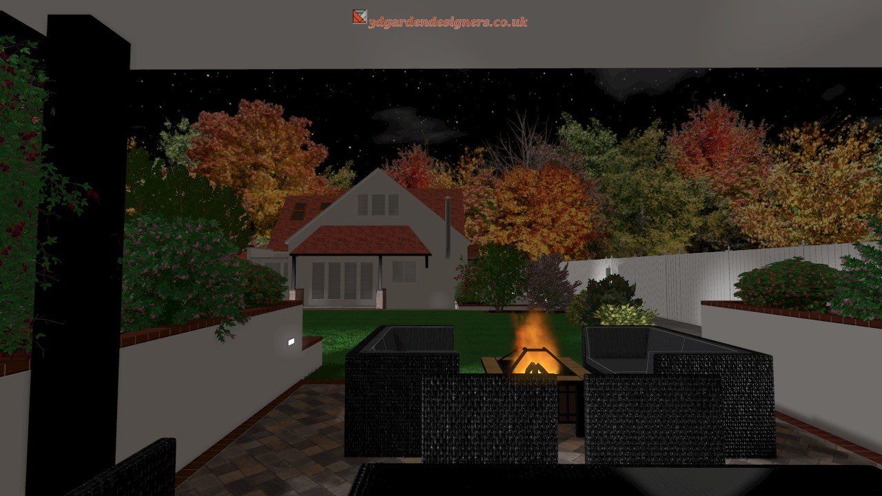 A computer generated image of a backyard with a fire pit and a house in the background.