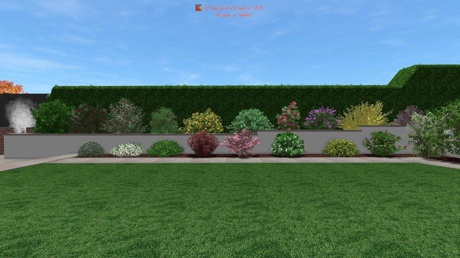 A computer generated image of a garden with a lush green lawn and bushes.