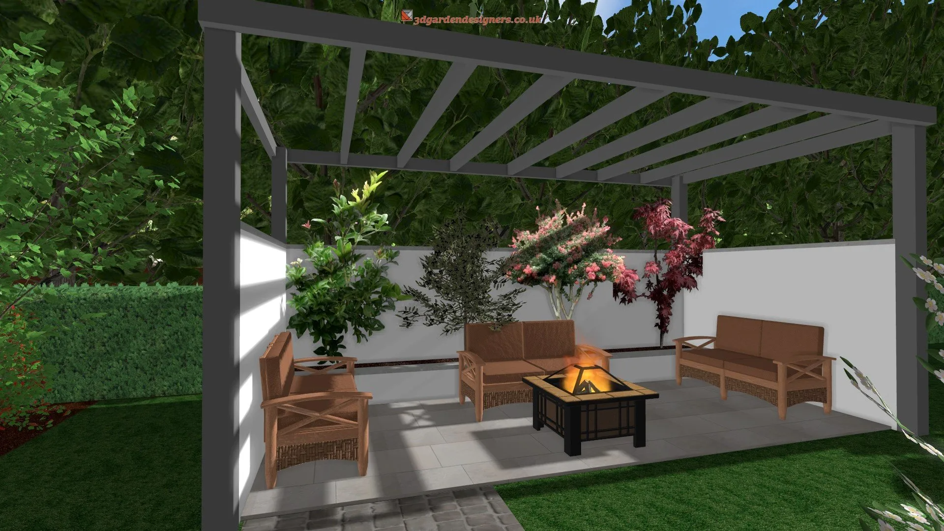 A computer generated image of a patio area with a fire pit