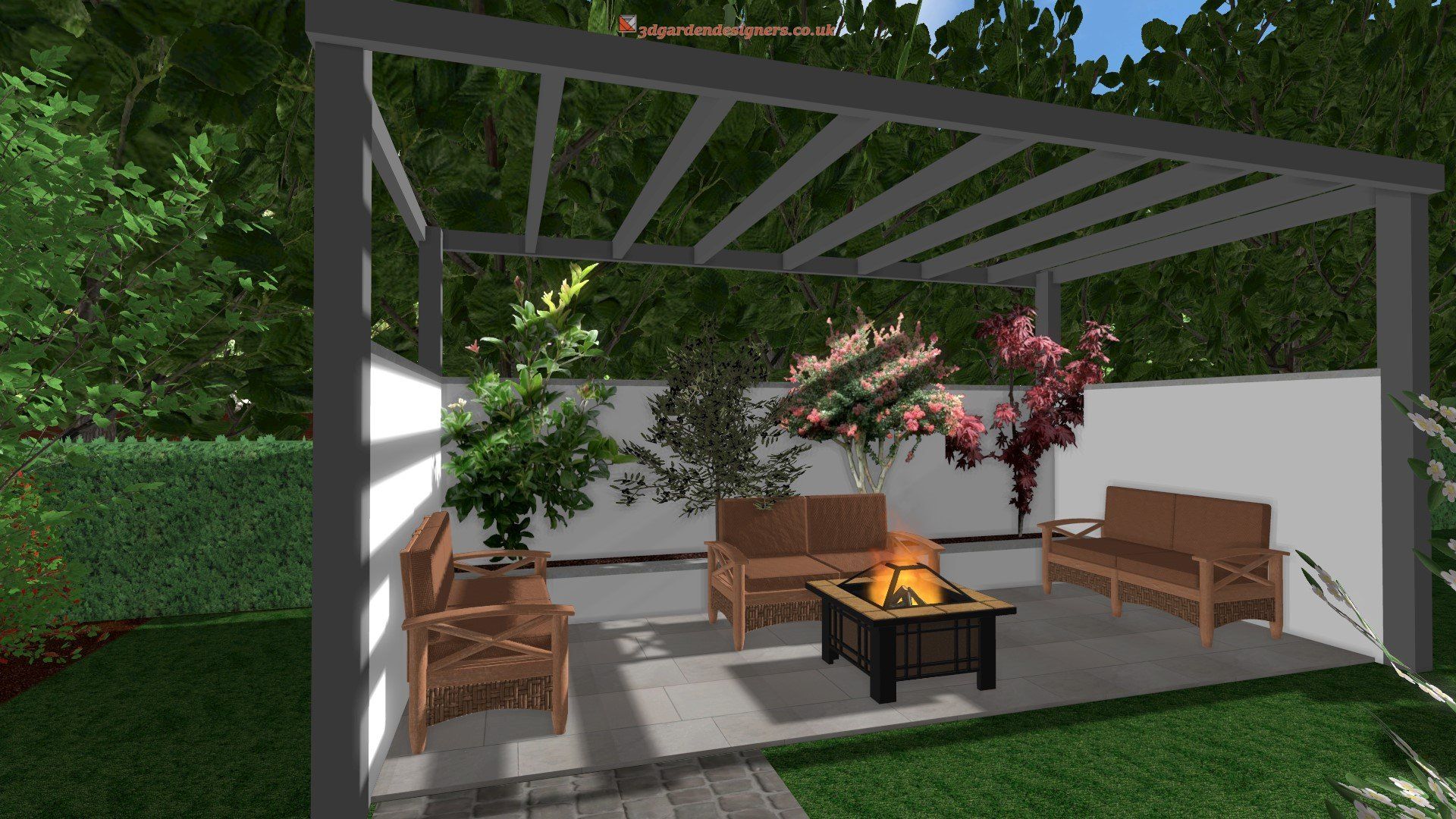 A computer generated image of a patio with a fire pit