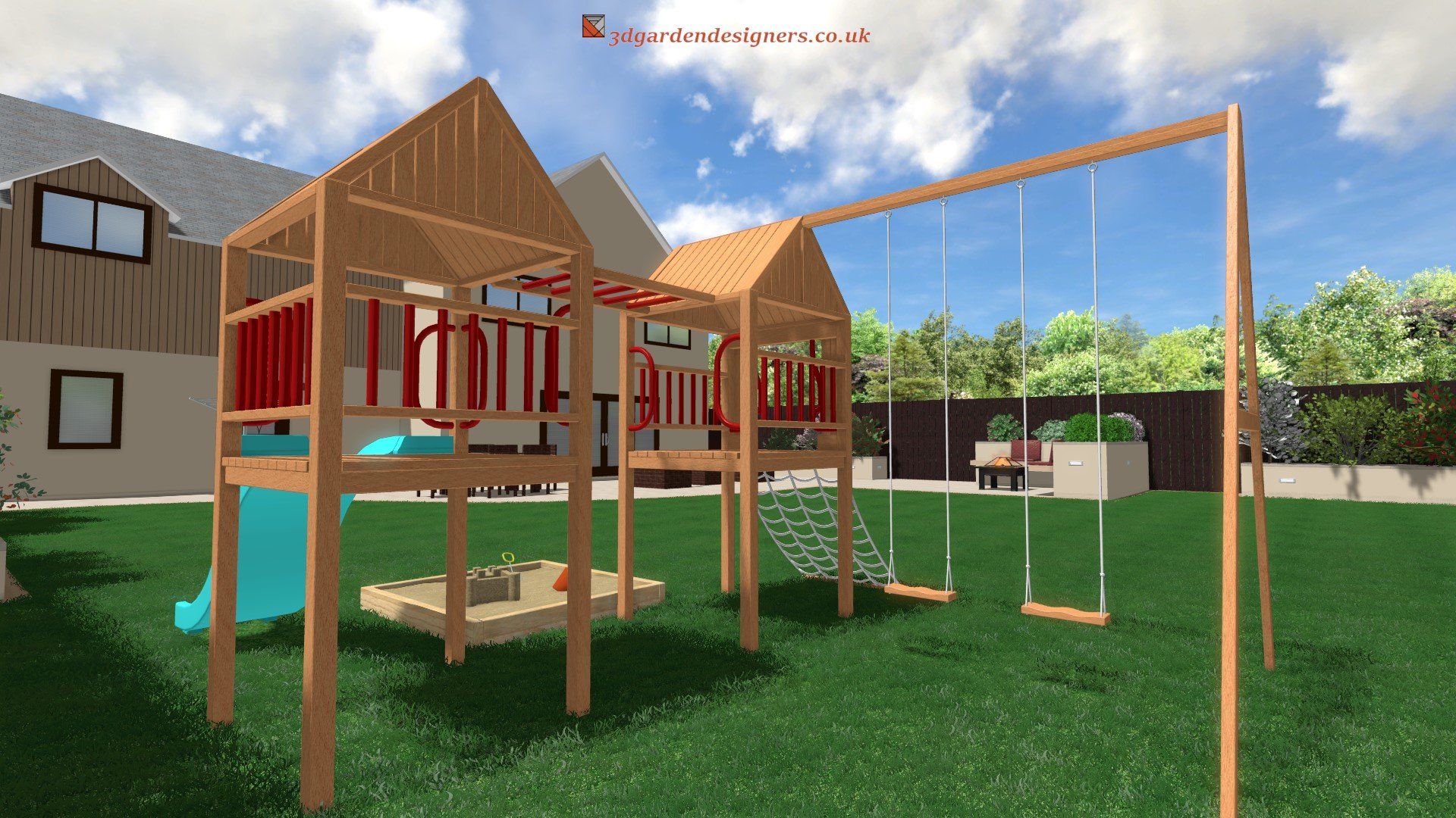 A 3d rendering of a wooden playground in a backyard.