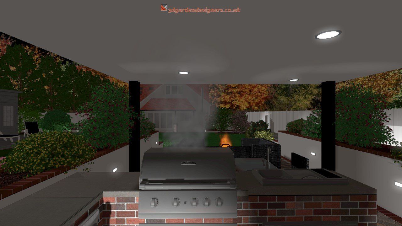 A 3d rendering of a patio with a grill and a fire pit.