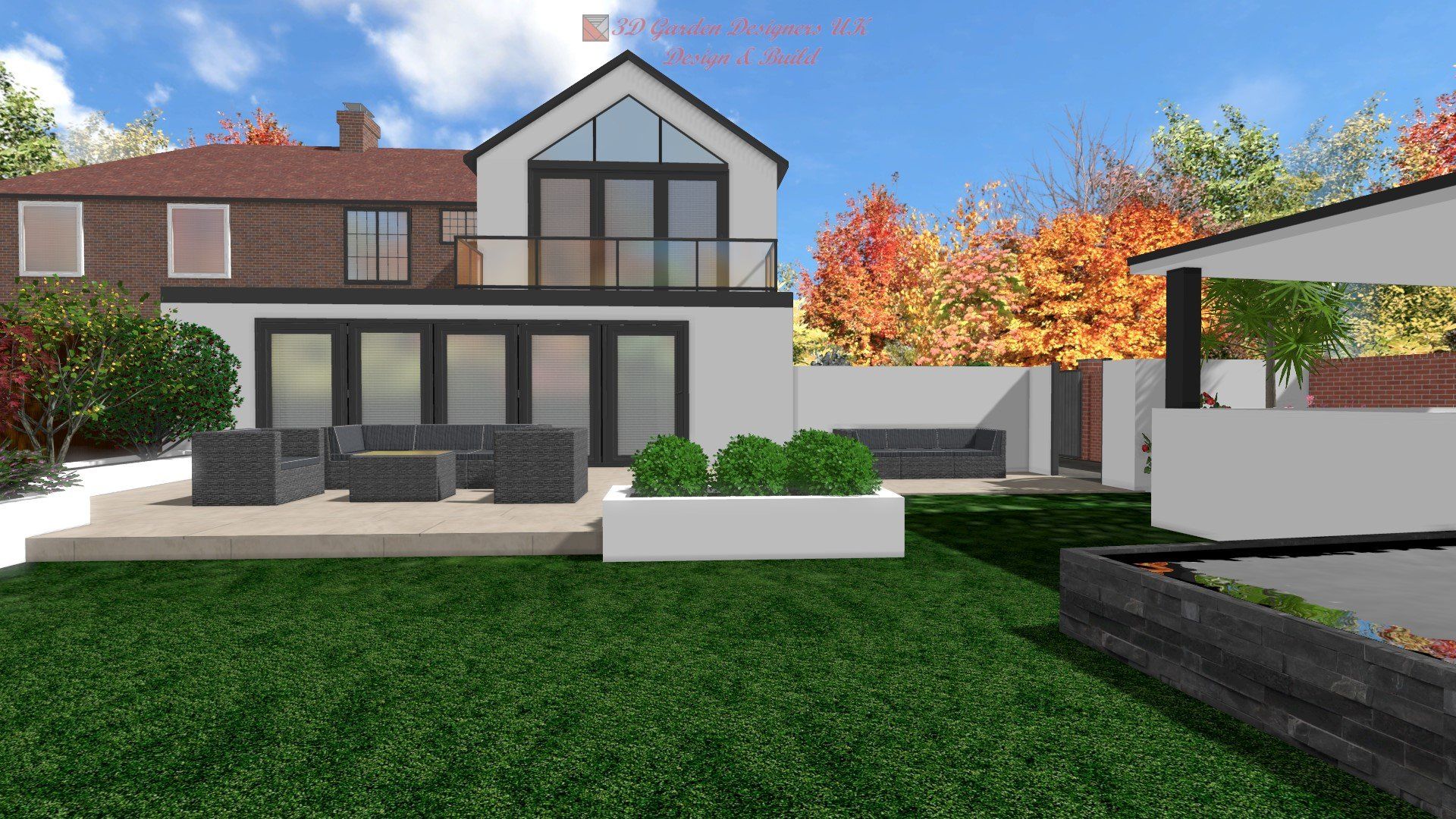 A computer generated image of a house with a large lawn in front of it.