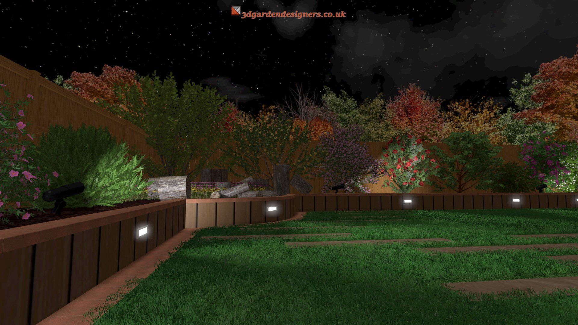 A computer generated image of a garden at night.