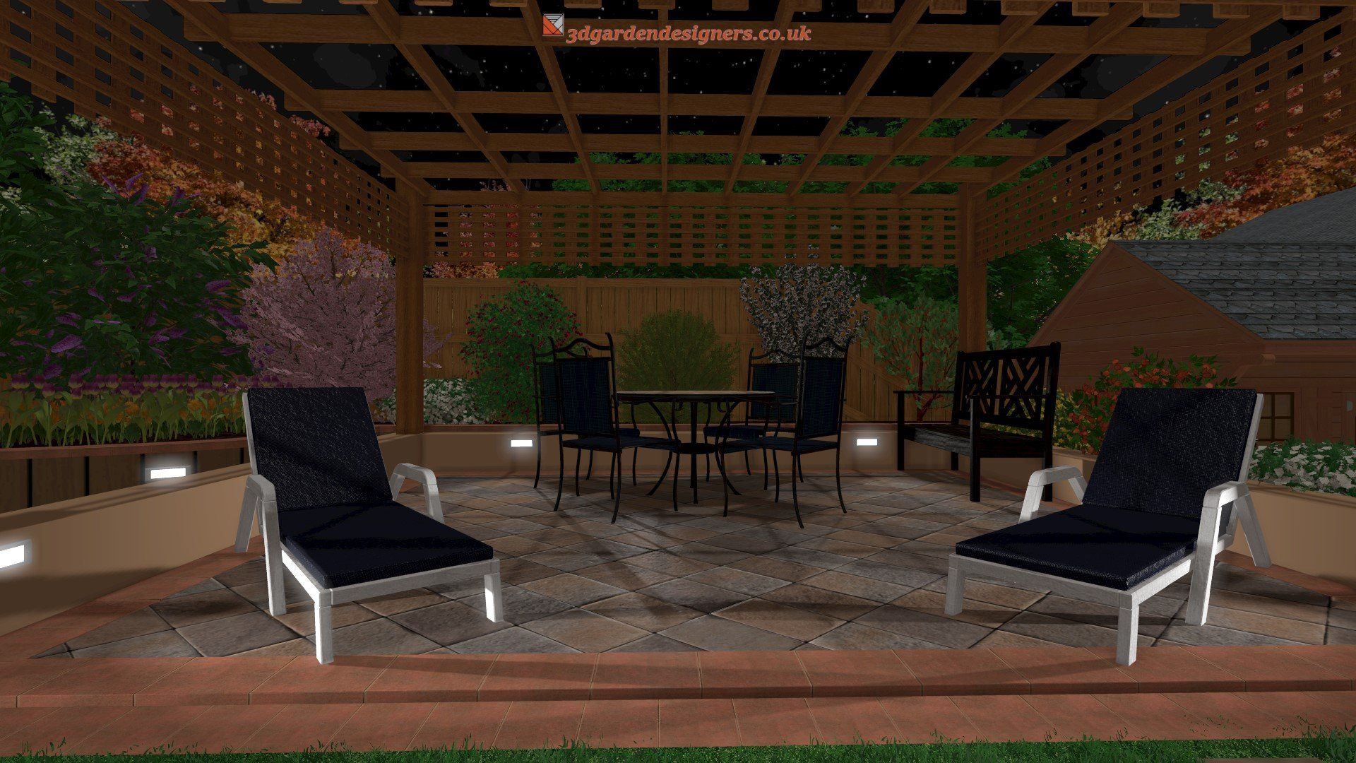 A patio with a table and chairs under a pergola at night.