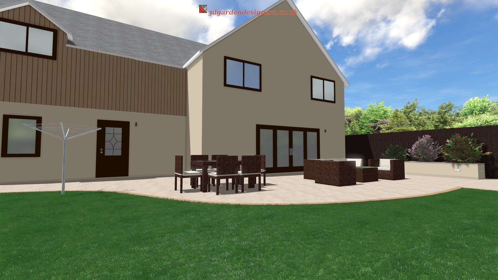 A computer generated image of a house with a patio area