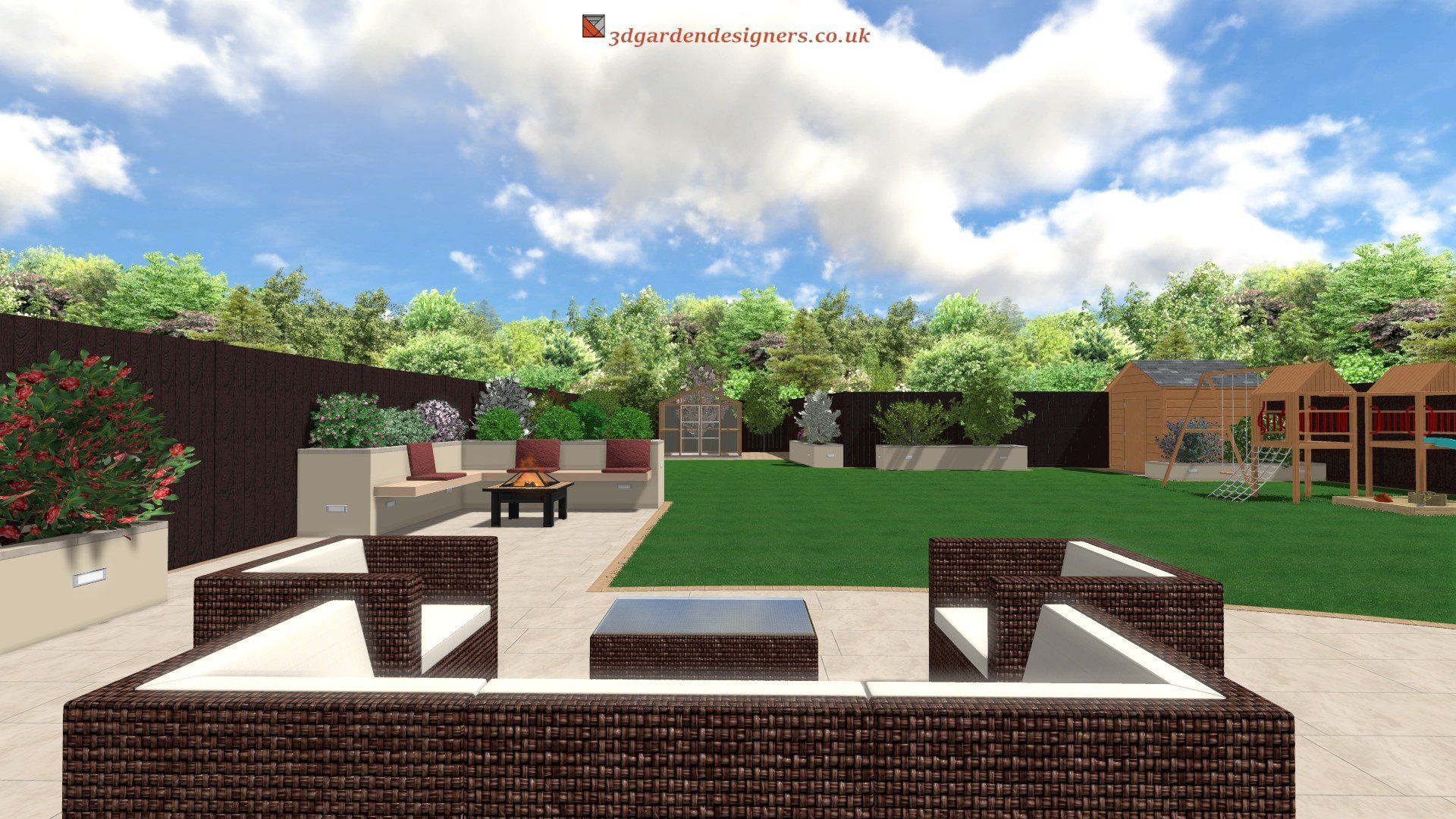A computer generated image of a backyard with furniture