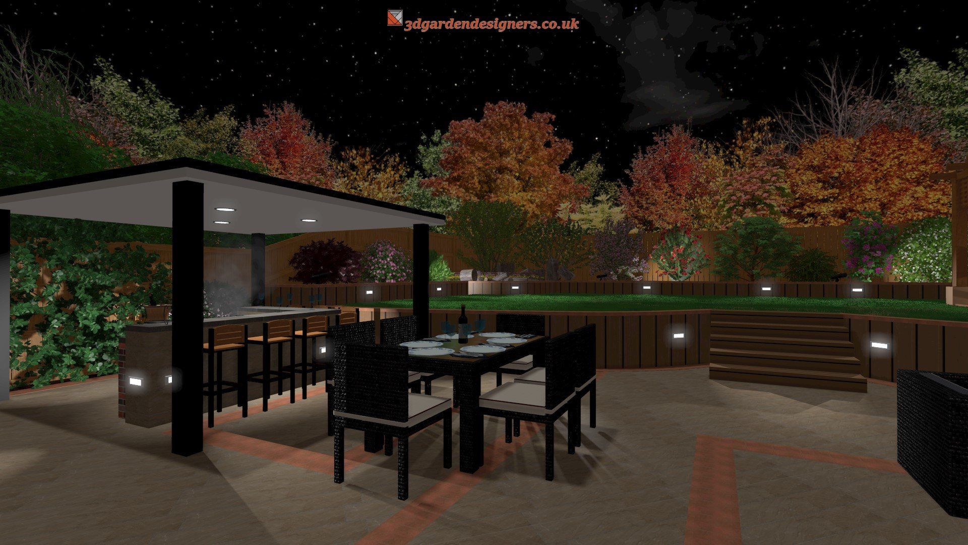 A computer generated image of a patio with a table and chairs at night.