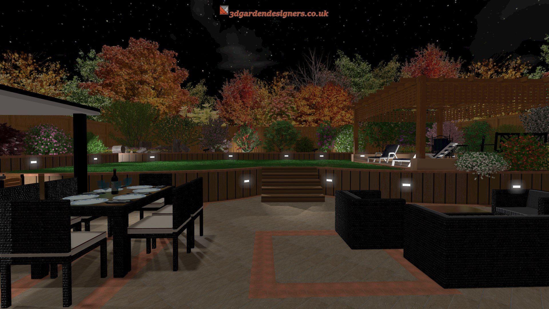 A computer generated image of a patio at night with a table and chairs