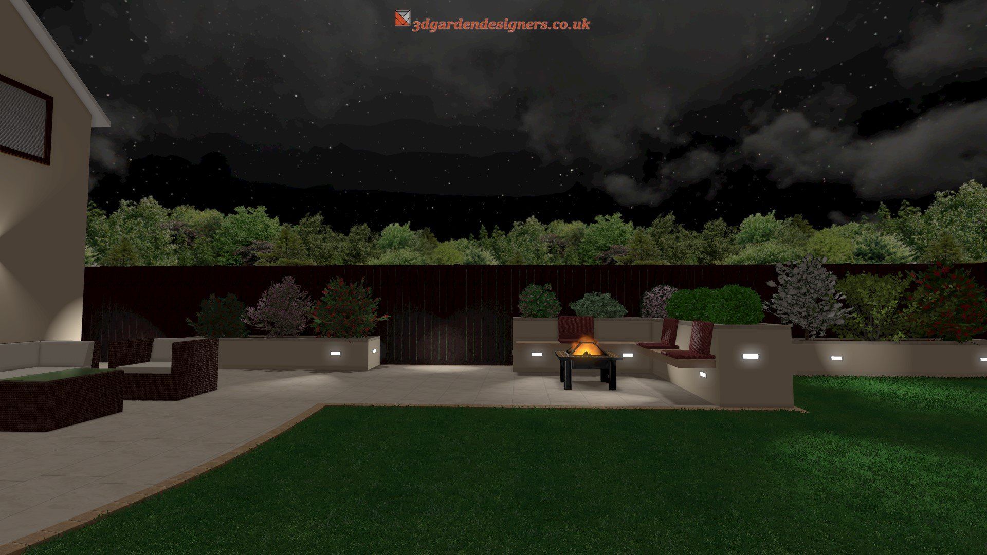 A computer generated image of a backyard at night with a fire pit.