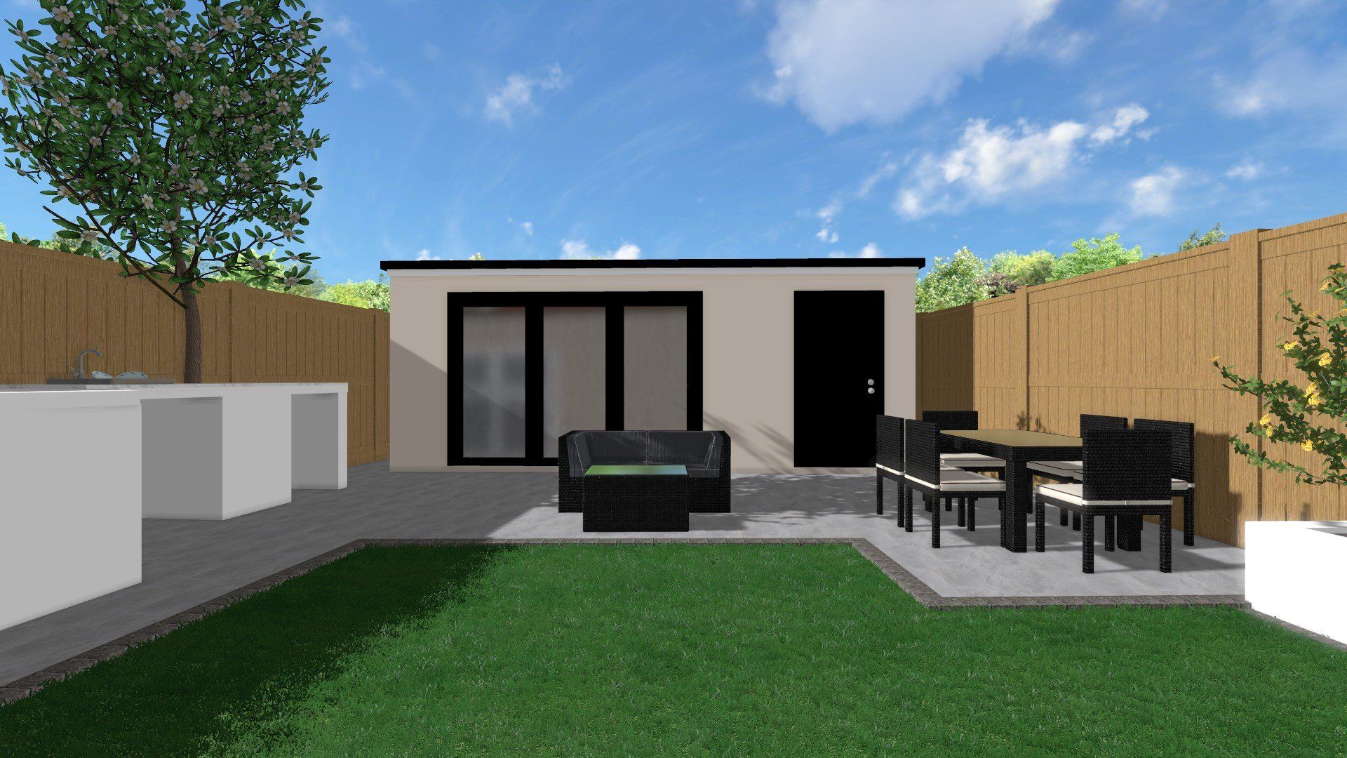 A 3d rendering of a backyard with a house and patio furniture.