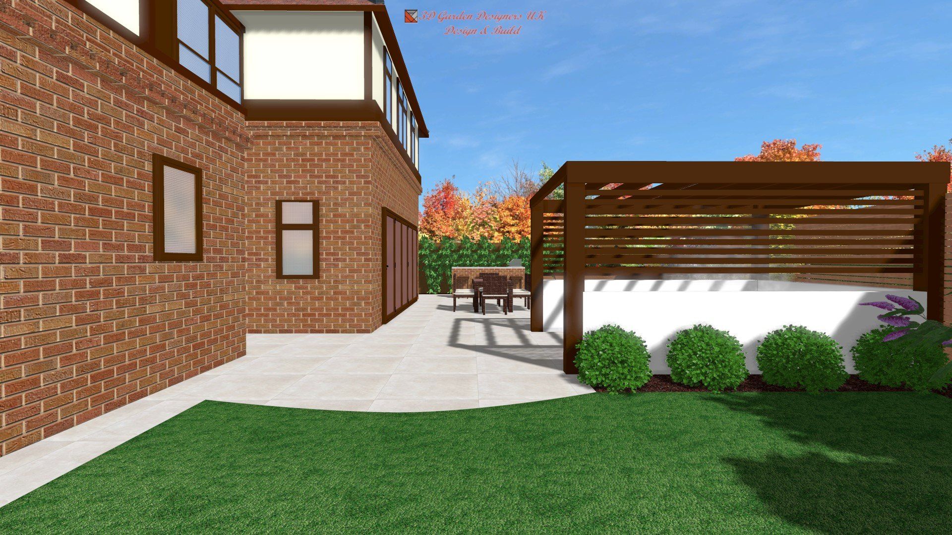 A computer generated image of a brick house with a pergola in the backyard