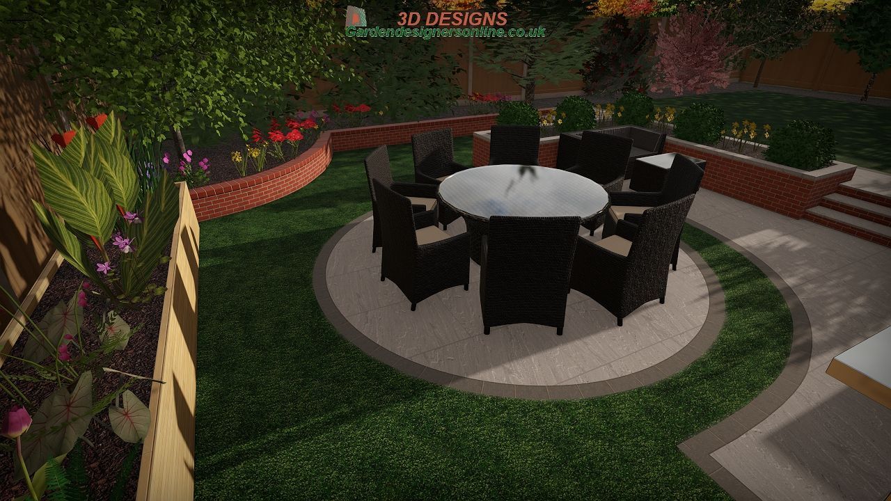 There is a table and chairs in the middle of the garden.